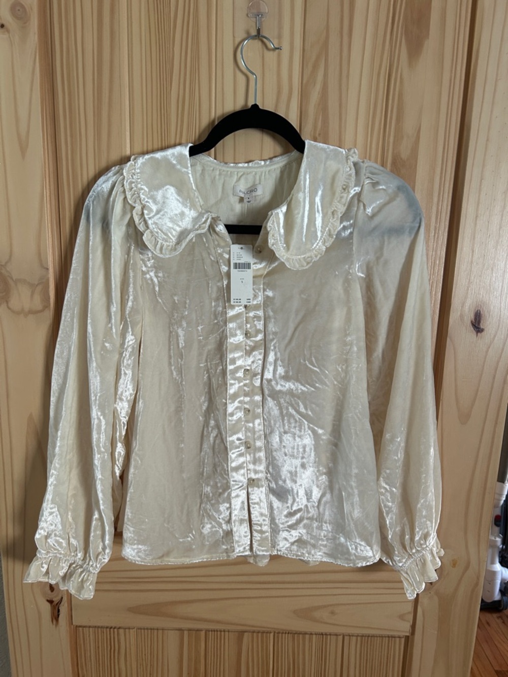 Anthropologie Ivory Velvet Button-Front Blouse with Ruffle Collar